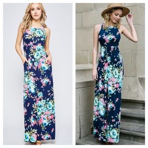 Dresses - LAST 2 - Navy Floral Print Maxi Dress With Pockets Dresses - LAST 2 - Navy Floral Print Maxi Dress With Pockets